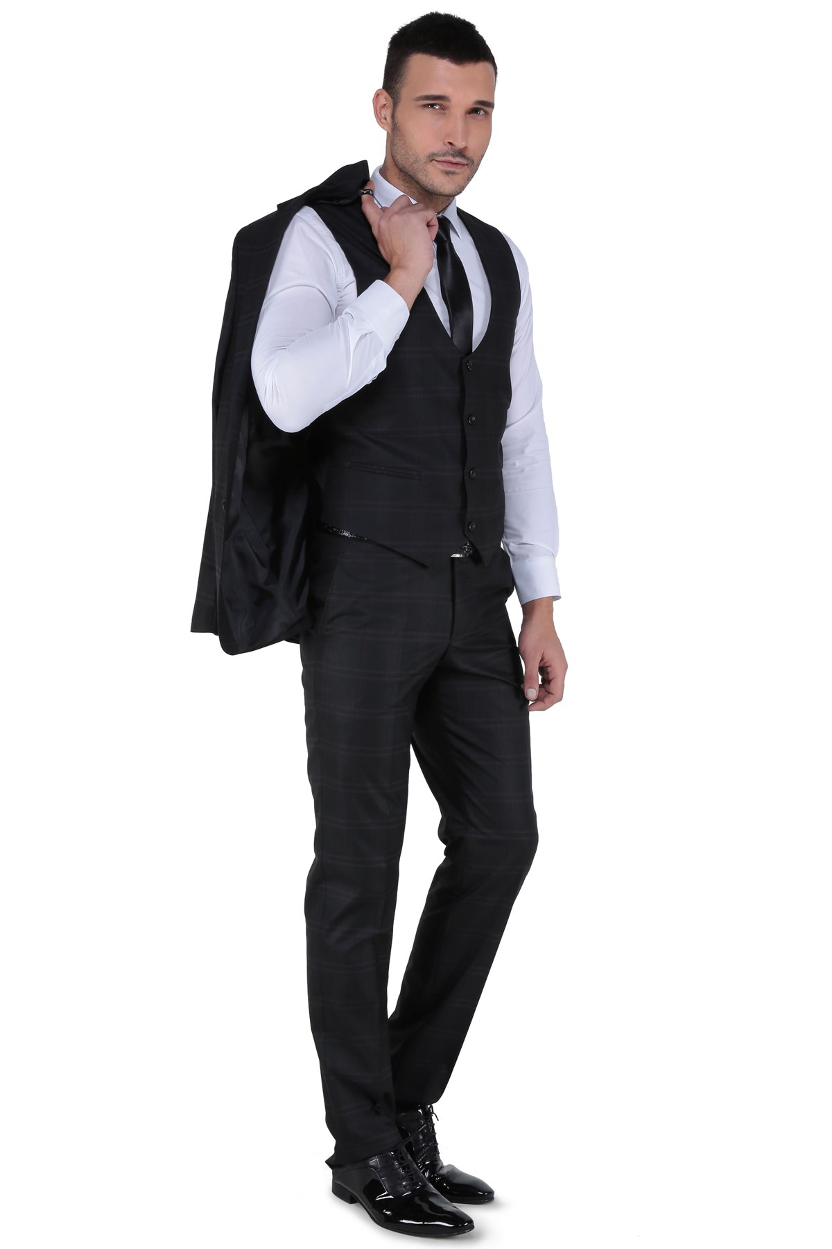 Picture of Panamera Dar Kesim Yelekli Takım Elbise - Siyah