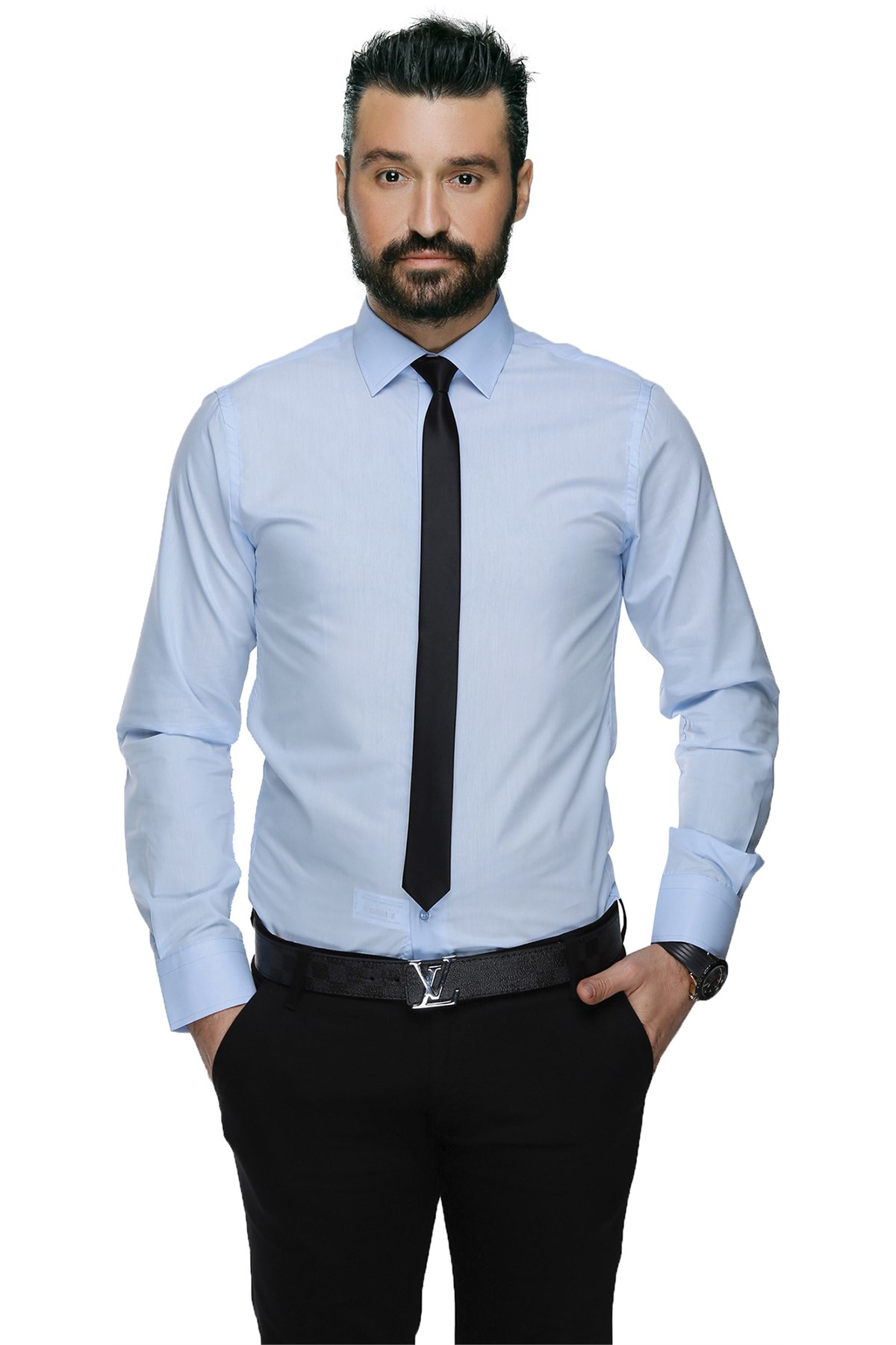 Picture of Düz Renk Dar Kesim Yeni Erkek Gömlek-Buz Mavi